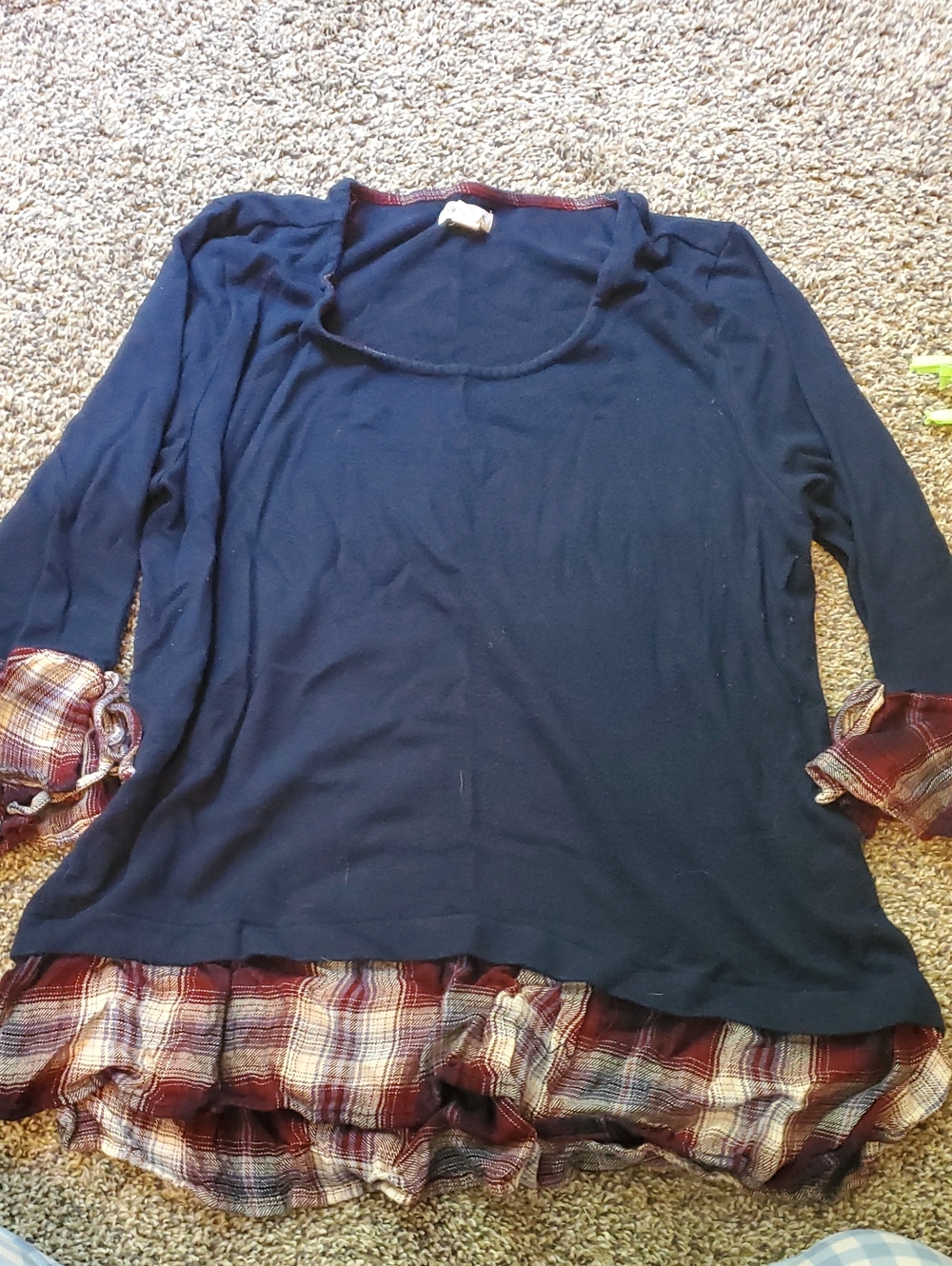 Girl's Navy Layered Plaid Hem Long Sleeve Top